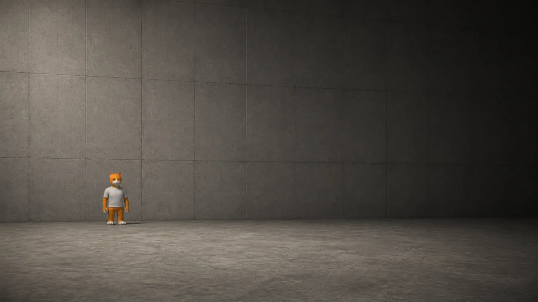 Rusty standing small in the empty concrete hall